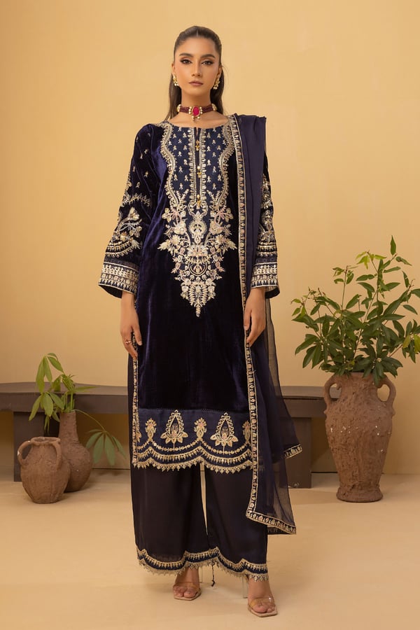 Zebaish velvet collection 3 piece embroidered suit