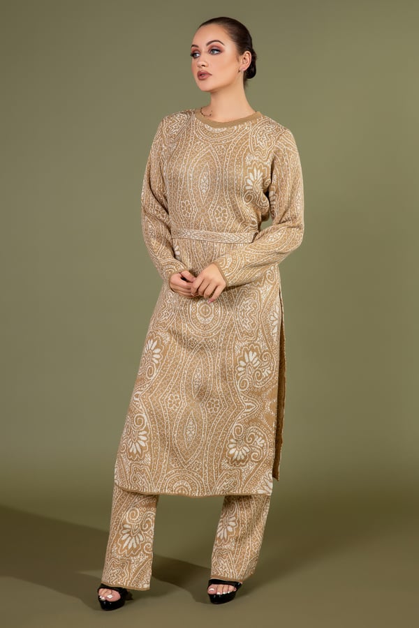 Jacquard printed knitwear co-ord set - Beige, Large