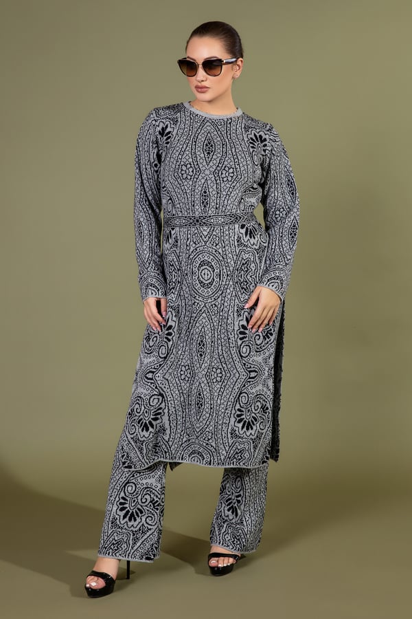 Jacquard printed knitwear co-ord set - Grey, Large