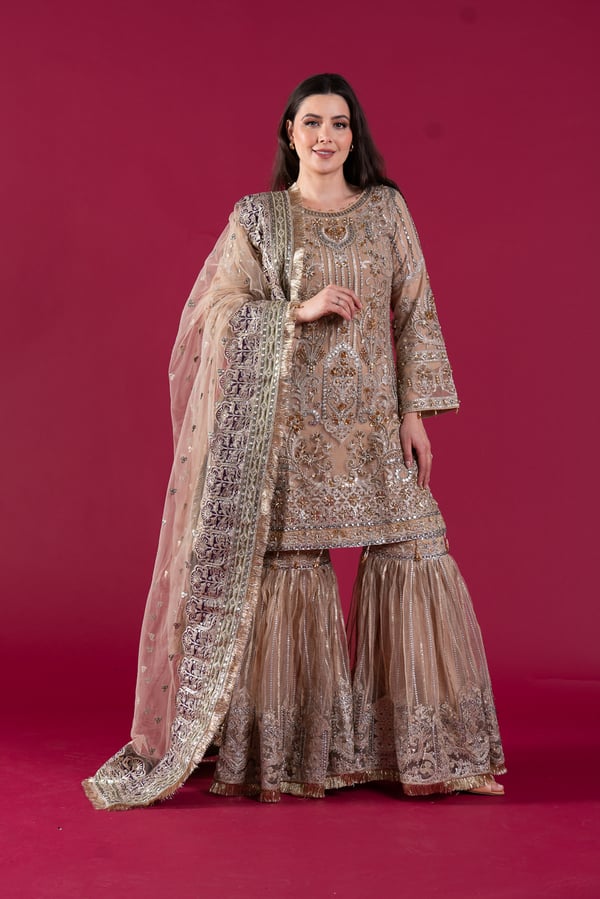 Imrozia collection 3 piece net embroidered gharara suit - Image 2