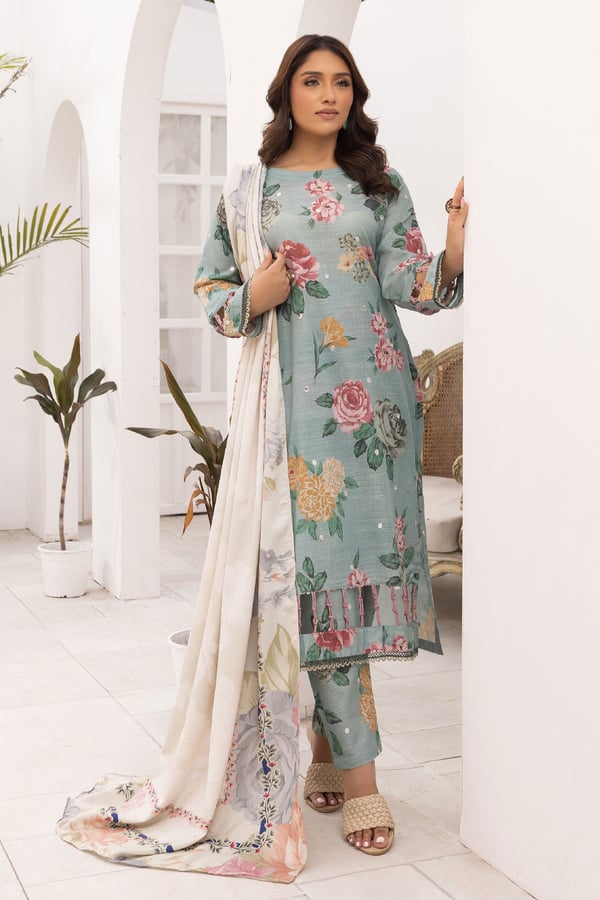Bliss khaddar collection 3 piece printed suit - LBLUE, X - Large