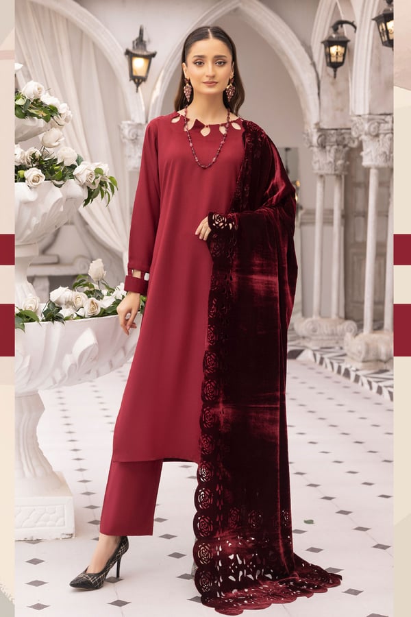 Sapna collection 3 piece dhanak suit with laser cut shawl