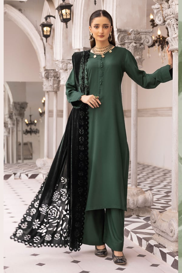 Sapna collection 3 piece dhanak suit with laser cut shawl