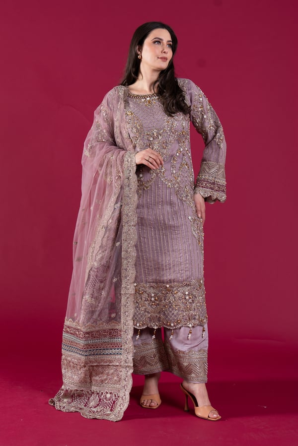Imrozia 3 piece luxury embroidered plazo suit - Lilac, Large