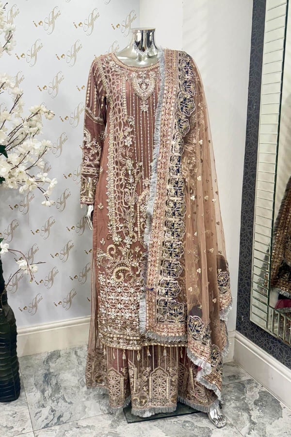 Imrozia collection 3 piece net embroidered sharara suit