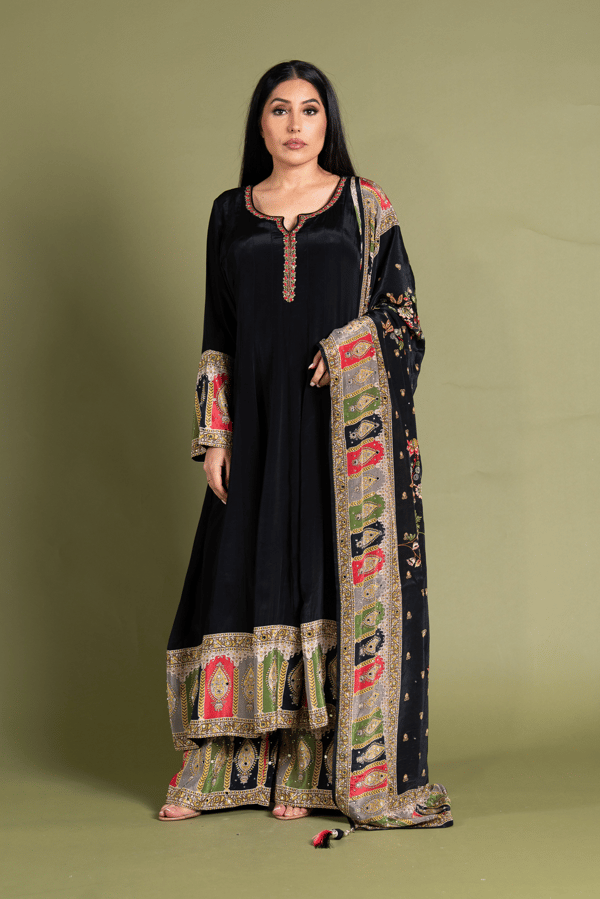 Shiffonz 3 piece luxury silk embroidered long dress - Black, 36