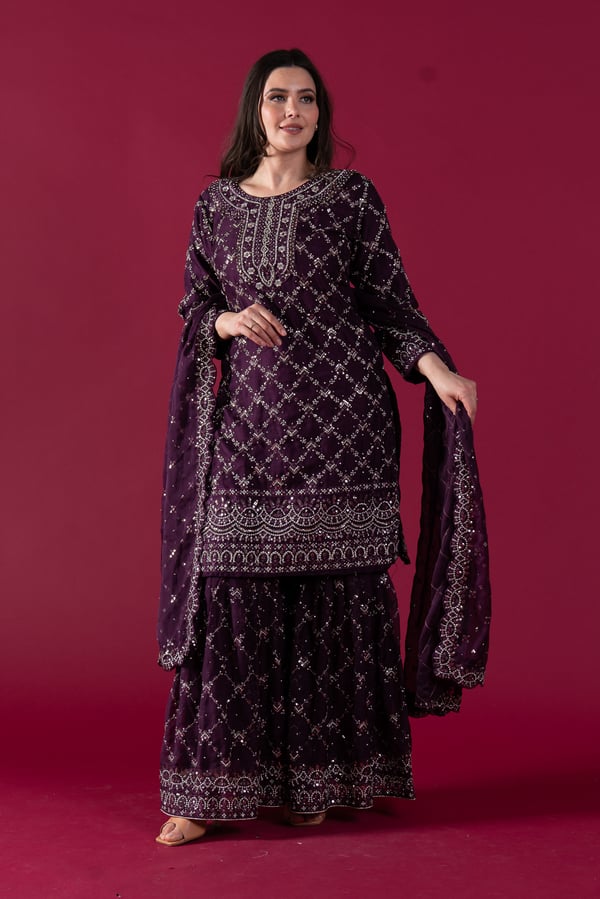 Shiffonz 3 piece organza embroidered gharara suit - Purple, 36