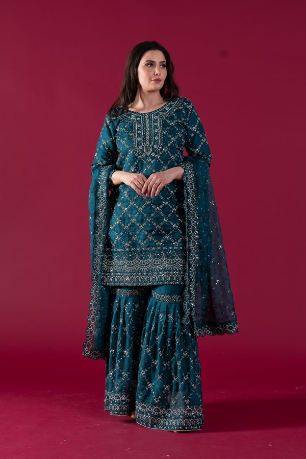 Shiffonz 3 piece organza embroidered gharara suit