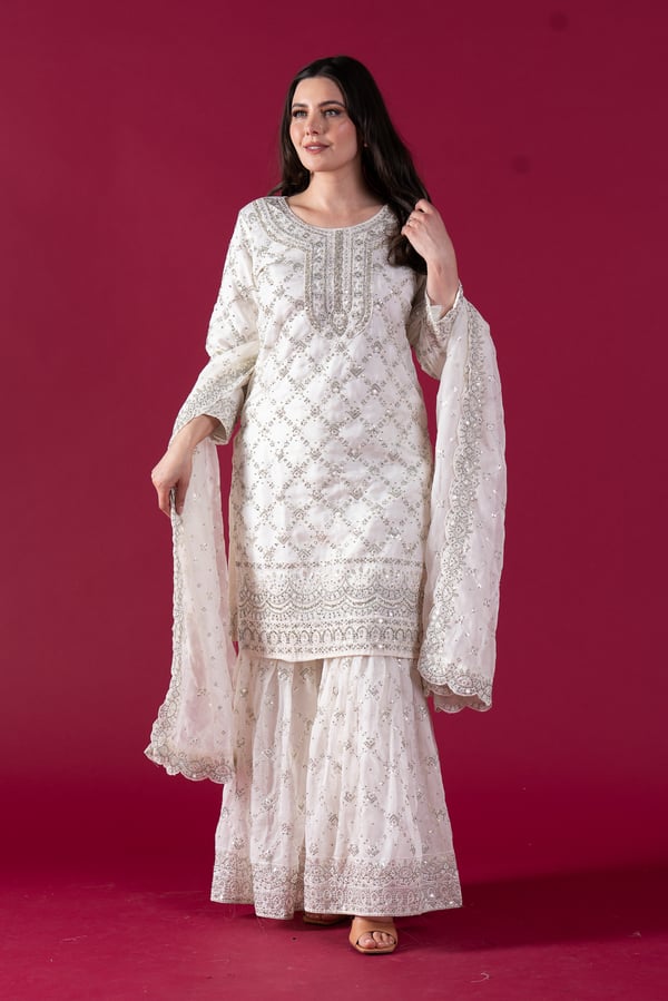 Shiffonz 3 piece organza embroidered gharara suit - White, 36