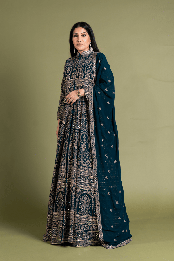 Graceful jacket styled 3 piece long dress - Teal, 40