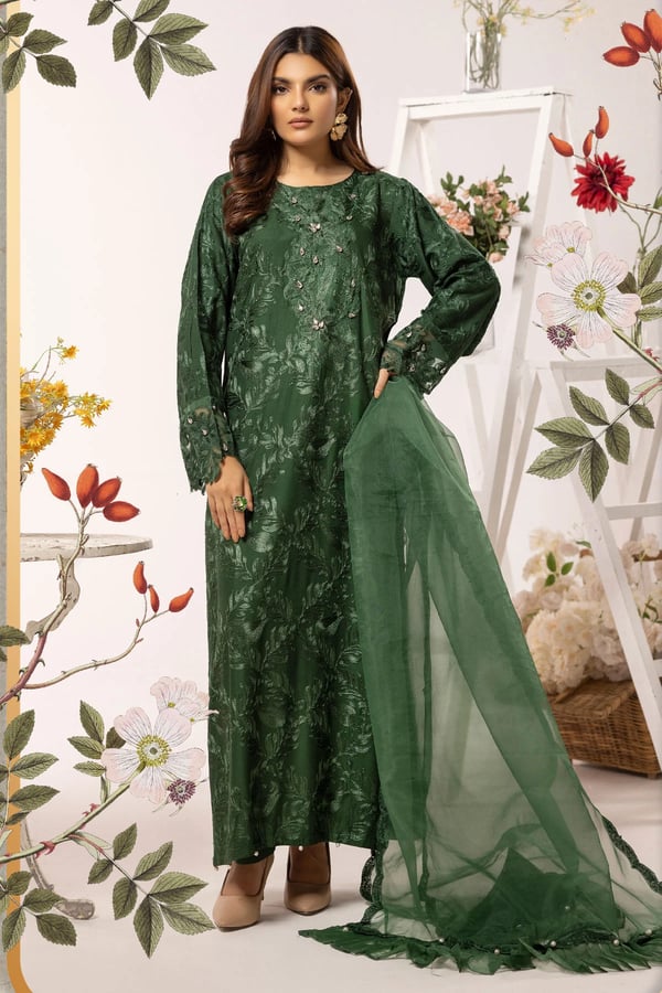 Nakhra luxury linen embroidered 3 piece suit
