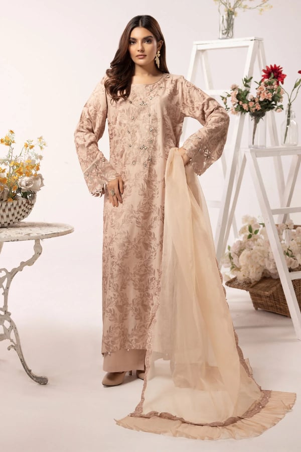 Nakhra luxury linen embroidered 3 piece suit - Peach, XL