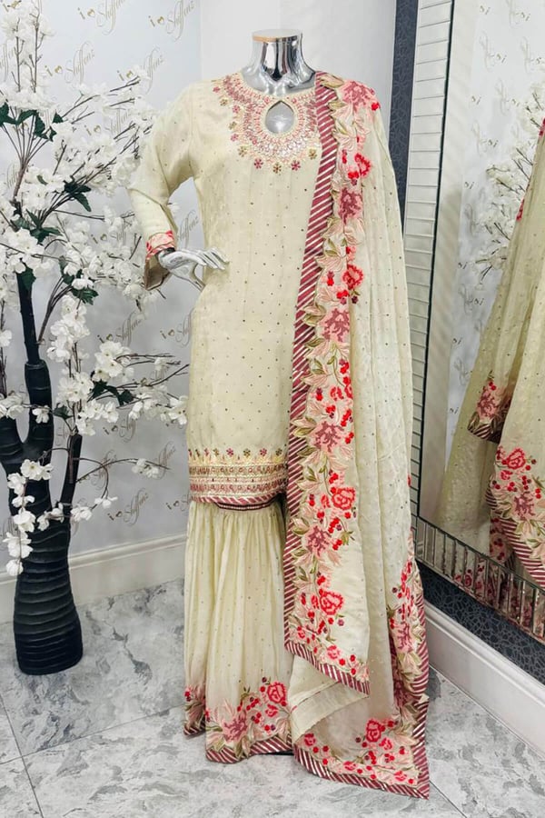 Sandali luxe 3 piece gharara suit - Cream, FREE SIZE