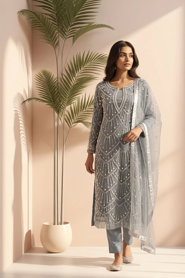 Mirey luxury collection 3 piece embroidered suit - Grey, X - Large