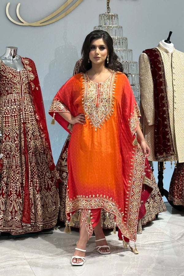 Parwan premium luxe kaftan collection with tulip - Red, FREE SIZE