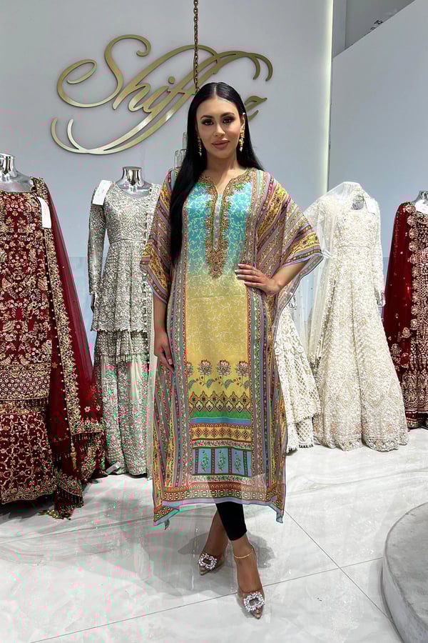 Shiffonz printed georgette kaftan - SGREEN, 36