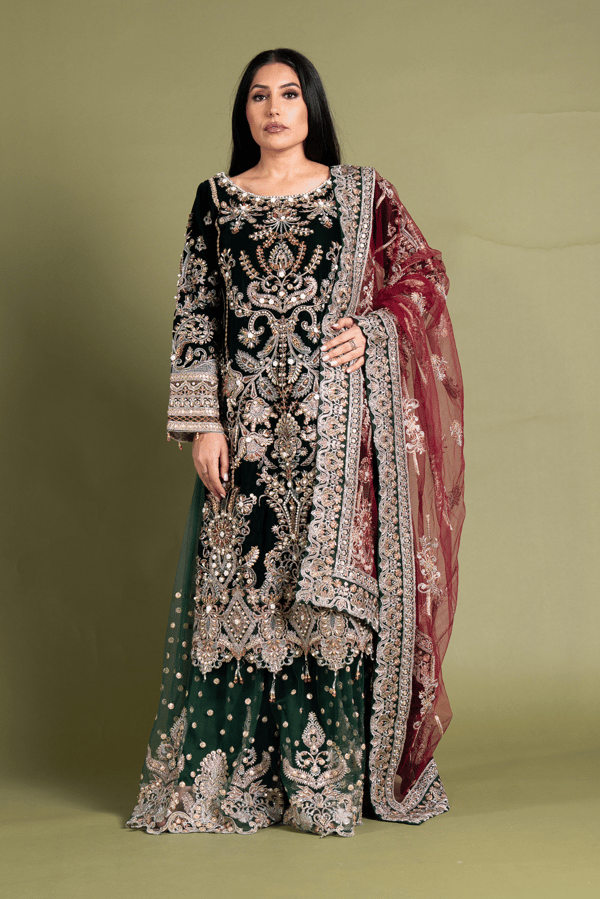 Imrozia 3 piece luxury embroidered sharara velvet collection