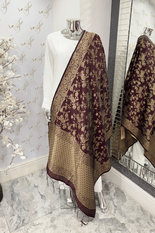 Luxury printed banarsi dupatta - Plum, FREE SIZE