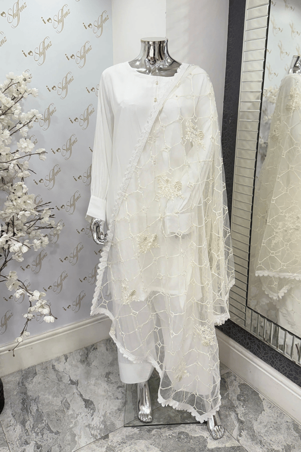 Net dupatta with motif threadwork embroidery - White, FS