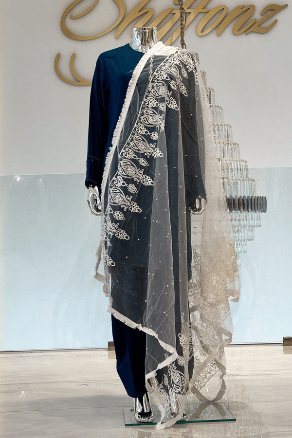 Net dupatta with moti threadwork embroidery