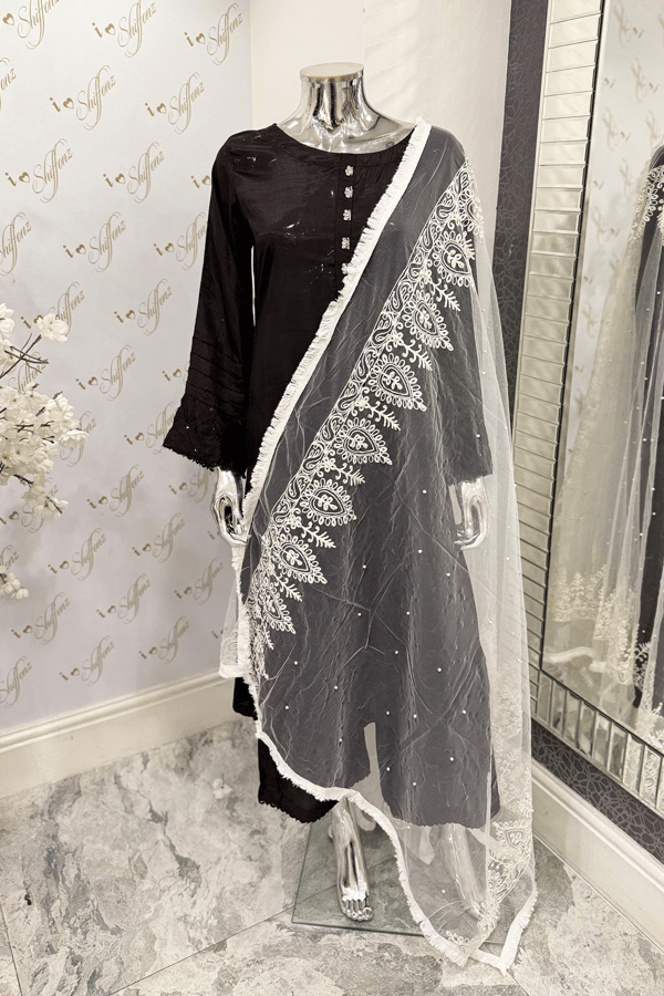 Net dupatta with motif threadwork - White, FS