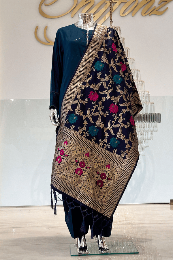 Banarsi printed casual dupatta - Navy, FREE SIZE
