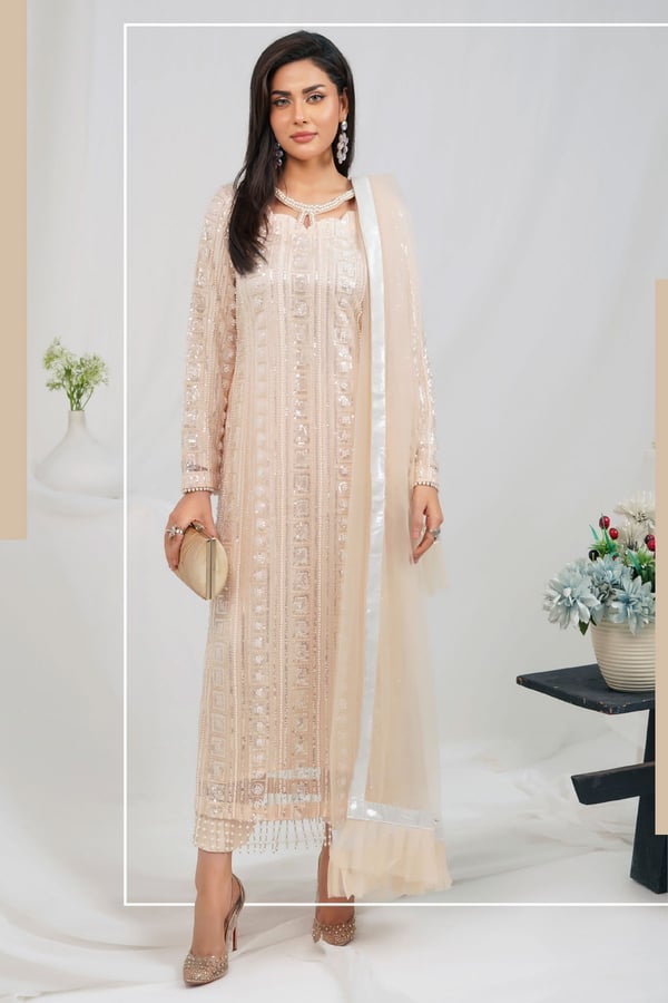 Mirey luxury collection 3 piece embroidered suit - Peach, X - Large