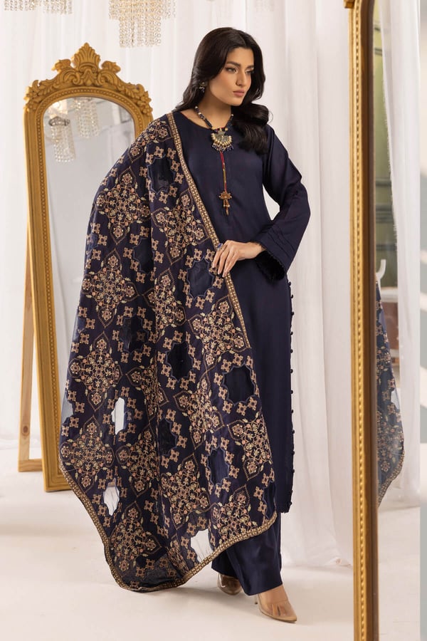 Dhanak 3 piece suit with cutwork shawl - Blue, X - Large