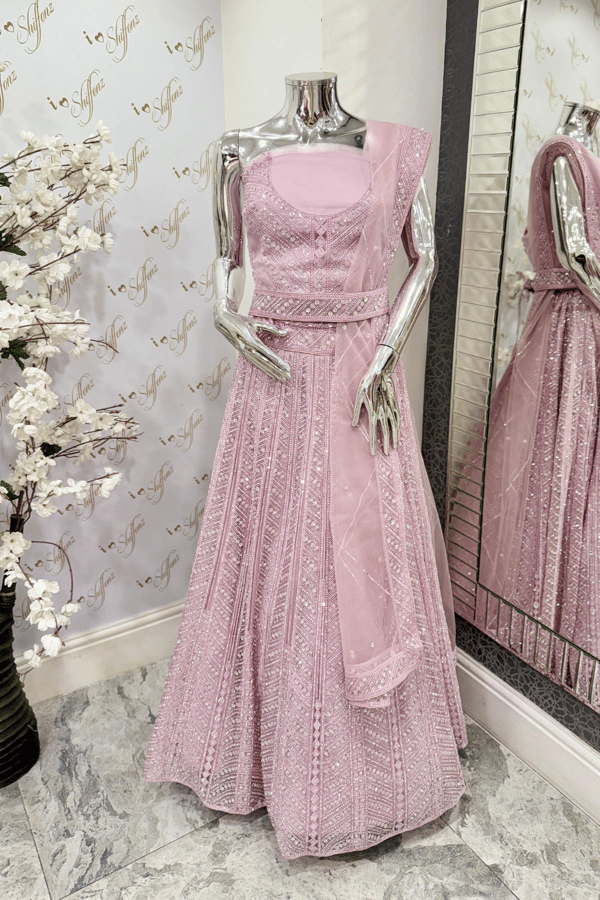 Shiffonz semi stitched 3 piece embroidered lengha choli - Lilac, semistitched