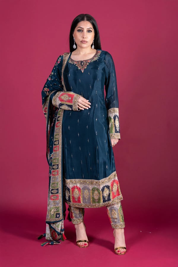 Shiffonz elegant 3 piece silk long shirt suit