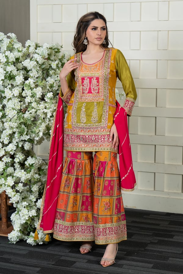 Premium 3 piece chiffon gharara suit