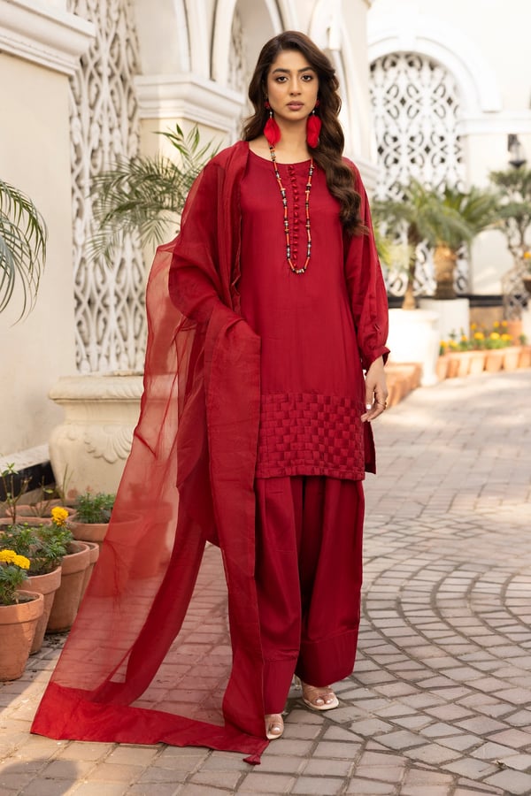 Farshi 3 piece Eid 2025 mother and daughter shalwar kameez - Red, Large