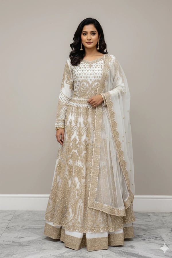 Shiffonz 3 piece net embroidered lengha choli - White, X - Large