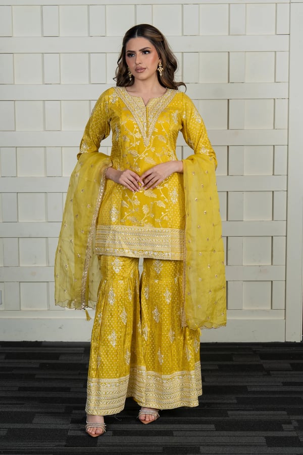 Luxury 3 piece raw silk gharara suit