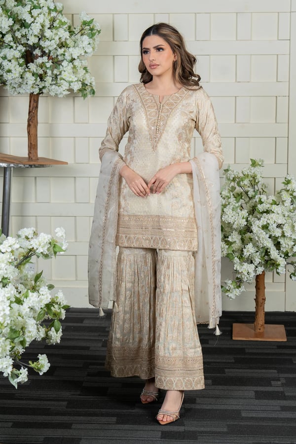 Elegant raw silk 3 piece gharara suit