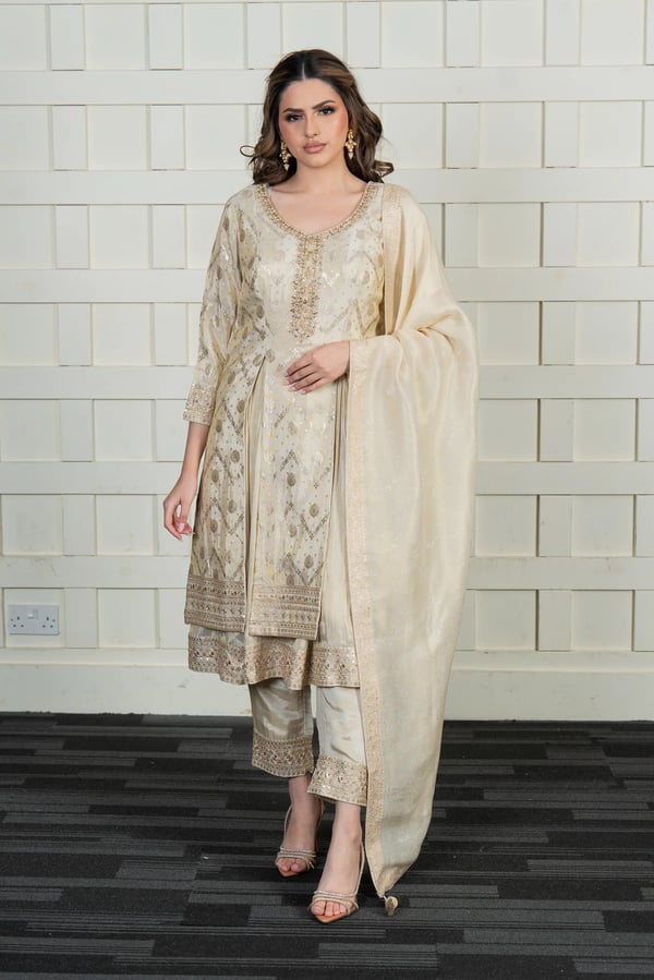 Premium 3 piece banarasi suit - Cream, 36