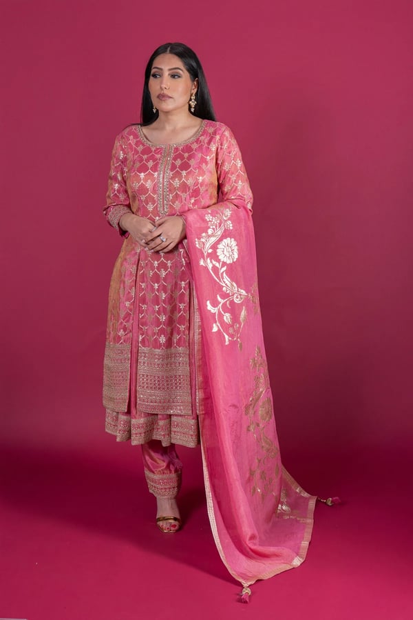 Deluxe 3 piece banarasi suit - Peach, 36