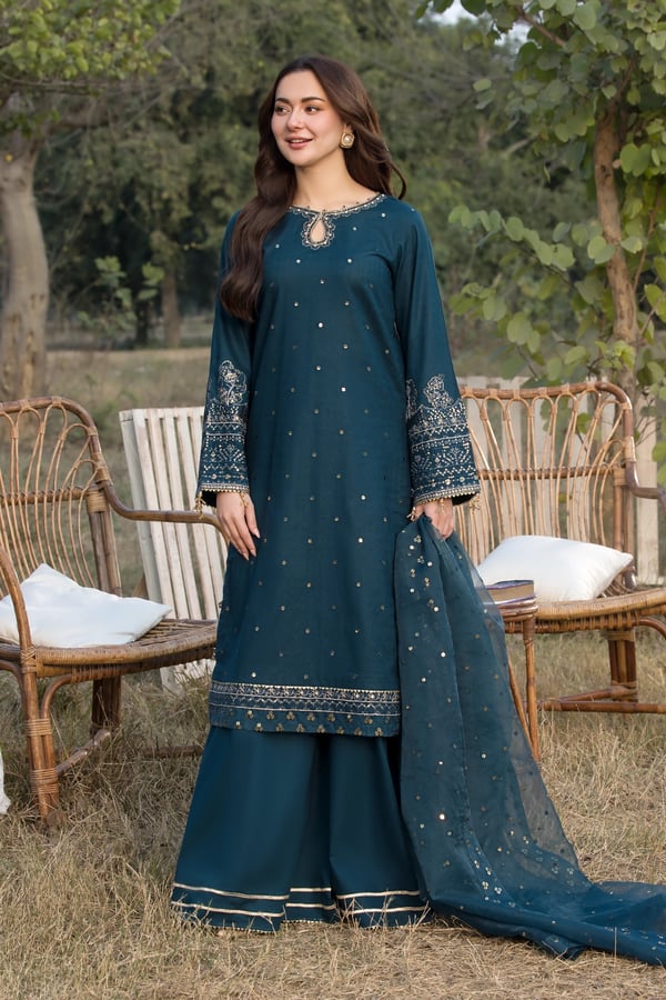 Hania Amir graceful Eid 2025 3 piece sharara jacquard collection