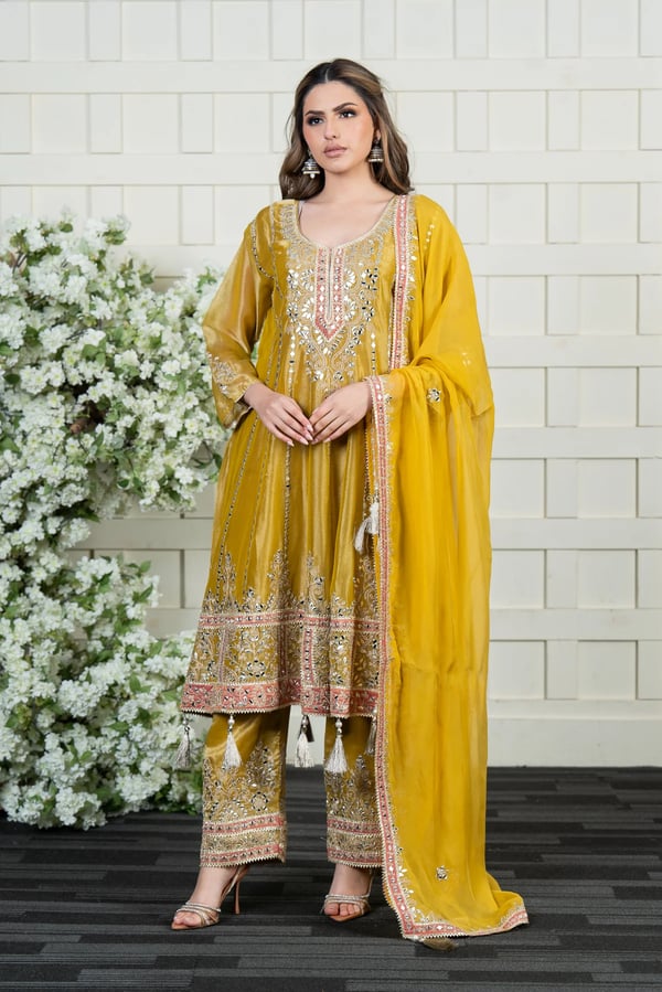 Mantabi premium luxe collection 3 piece anarkali suit - Yellow, 36