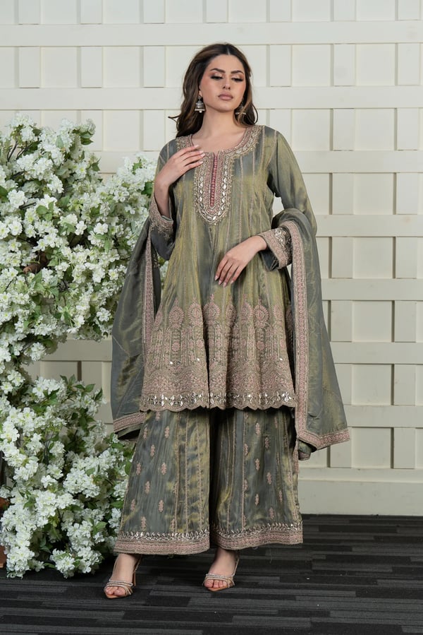 Premium Luxe 3 piece raw silk sharara suit