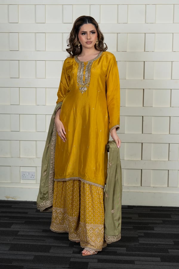 Elegant 3 piece raw silk sharara suit
