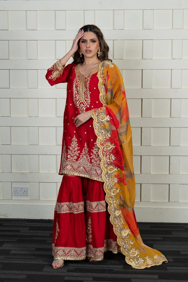 Deluxe 3 piece raw silk gharara suit