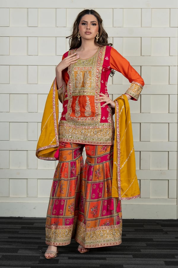 Luxury 3 piece chiffon gharara suit