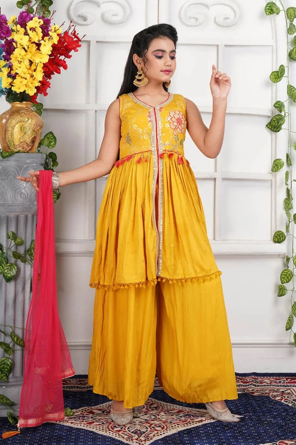 Eid collection 2025 kids raw silk 3-piece sharara suit