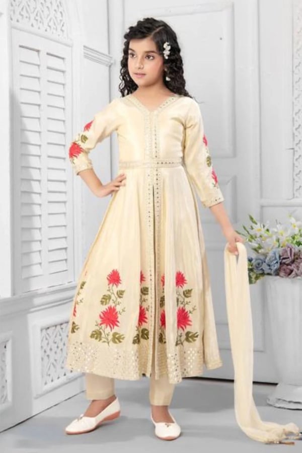 Eid collection 2025 kids khadi silk long top 3-piece suit