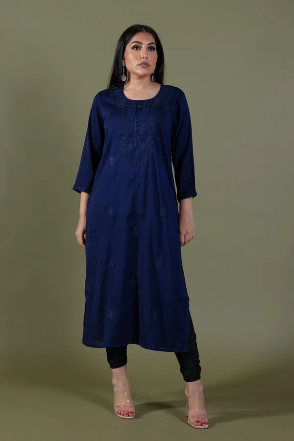 Graceful threadwork lawn kurti - Navy, X - Large