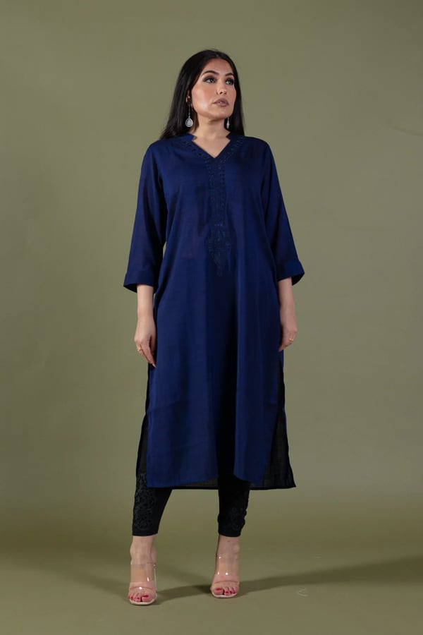 Elegant threadwork lawn kurti - Navy, Large