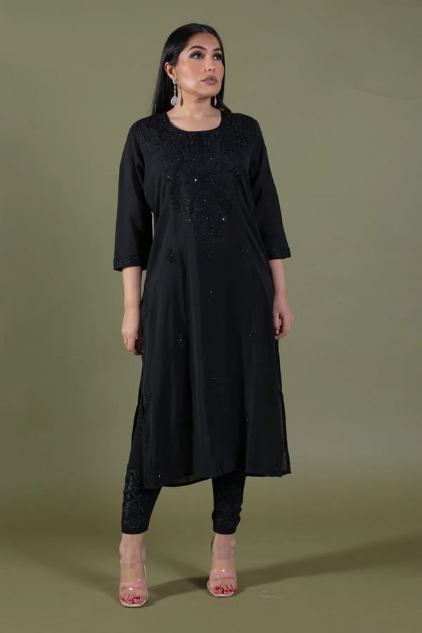 Exquisite threadwork lawn kurti - Black, Large