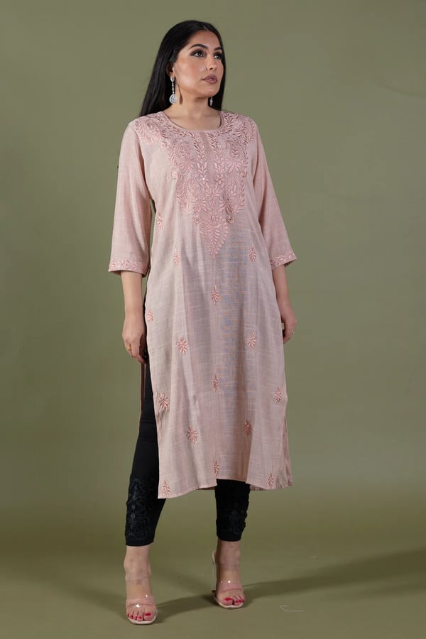 Exquisite threadwork lawn kurti - Peach, Large