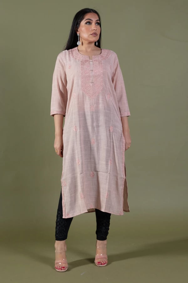 Graceful threadwork lawn kurti - Peach, X - Large